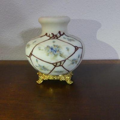 Antique Late 19th Century Stamped Wave Crest Vase with Hand Painted Floral Design