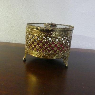 Antique Victorian Brass Ormolu Filigree Hinged Lid Glass Top Footed Trinket Box