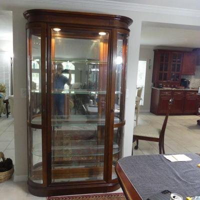 Large Medium Wood Lighted Mirror Back 2-Door Curio with 4 Glass Shelves