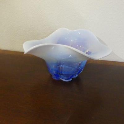 Blue Opalescent Art Glass Flower Shaped Bowl - Ground & Polished Bottom