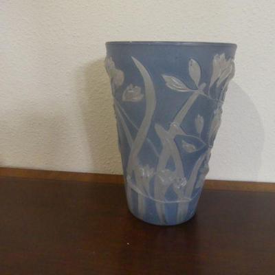 Vintage 1930s Phoenix Consolidated Art Glass Sculpted Freesia Pattern Blue/Frosted Vase