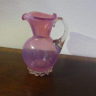 Antique Late 19th Century Hand Blown Iridescent Rose Glow Creamer with Applied Base