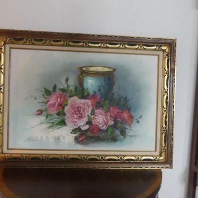 Signed/Matted/Framed Still Life Oil on Canvas by Minon in Gold/Black Decorated Frame - 44