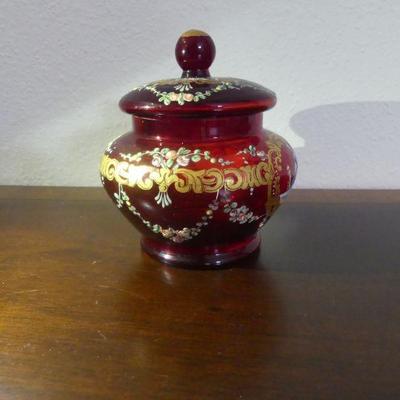 Antique Late 19th Century Ruby Glass with Hand Painted Enamel & Gilding Covered Jar