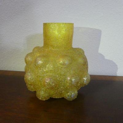 Vintage Early 20th Century Loetz Style Iridescent Blown Out Overshot Yellow Vase