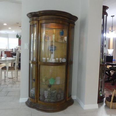 Beautiful Medium Wood Curio Cabinet 2 Doors and 3 Shelves - Gold/Black Backdrop - Contents NOT Included