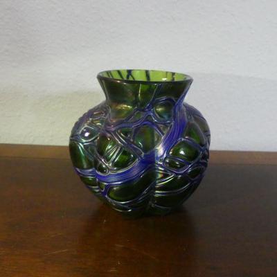 Vintage Early 20th Century Loetz Style Iridescent Green Pumpkin Shaped Vase