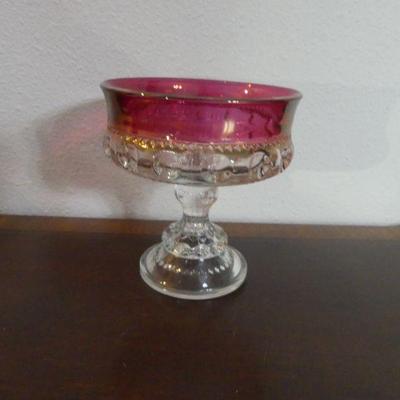 Vintage Indiana Glass Ruby Flashed Kings Crown Thumbprint Pedestal Compote