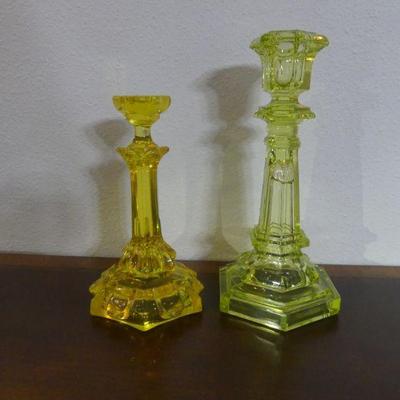 Antique Pre 1870s Vaseline Glass Candle Holders - 8