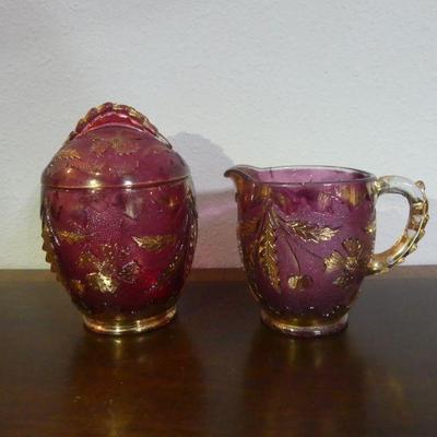 Antique Early 1900s Delaware Glass American Beauty Amethyst/Gold Covered Sugar Bowl & Creamer