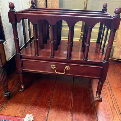 Wellington Hall 1 drawer magazine rack on brass casters. Made in North Carolina. 