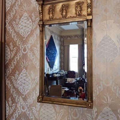 Gorgeous early 19th Century style Neoclassical gilt-wood mirror with romantic scene on cornice. 