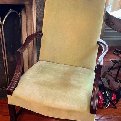 Green velvet solid wood fireside chair. 