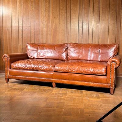 RALPH LAUREN LEATHER SOFA | Chestnut brown leather with brass tacks - l. 90 x w. 41 x h. 31 in.Â 
