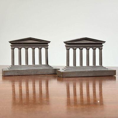 (2pc) PAIR BRONZE BOOKENDS | Of column pediment form, with Bradley Hubbard label on bottom - l. 7 x w. 1.75 x h. 4.5 in. 