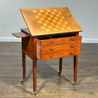 GAME SIDE TABLE | Wood side table with an inlaid chess board on the top surface over a single deep storage drawer with false drawer...