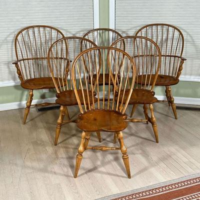 (6pc) D.R. DIMES WINDSOR CHAIRS | Two arm chairs, and four side chairs in light colored wood all stamped DR Dimes - l. 22 x w. 25 x h. 41...
