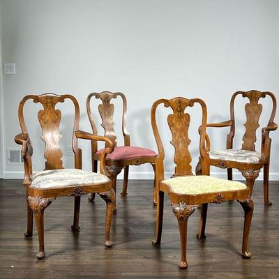 (4pc) JAS. SCHOOLBRED CARVED CHAIRS | Jason Schoolbred, Tottenham Court Rd. London W.1. - Including two armchairs and two side chairs;...
