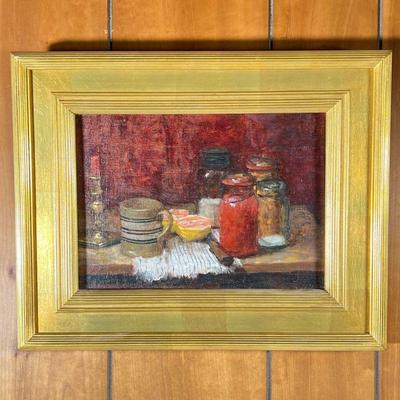 STILL LIFE ON CANVAS | Tabletop still life oil painting on canvas in gilt frame, showing jars and grapefruit, apparently unsigned - w. 20...