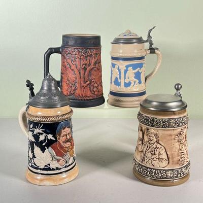 (4pc) SMALL METTLACH STEINS | Four Mettlach steins from Germany; three lidded and one with no lid; all marked on bottom - h. 8 x dia. 4...