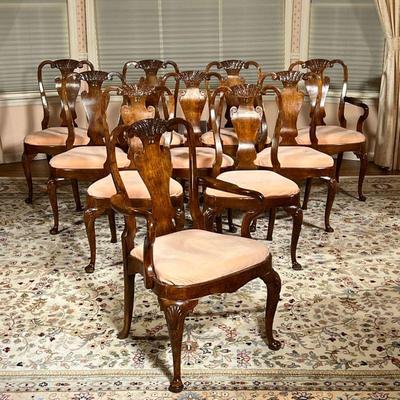 (10pc) CARVED DINING CHAIRS | Queen Anne style, two arm chairs, and eight side chairs, with patterned scroll carved crest rails with...