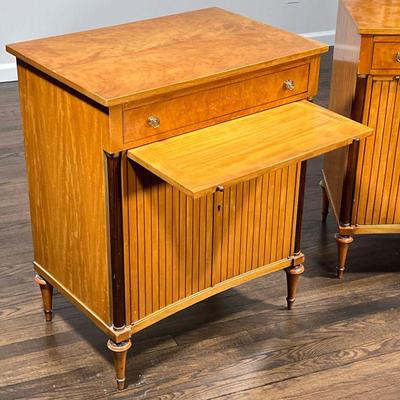 J. S. FURNITURE NIGHT STANDS | Beautifully figured wood veneer, concave fronts, full width drawer over a slide out over cabinet doors...