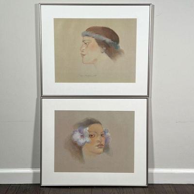 (2pc) PEGGE HOPER (b. 1936) | Pair of mixed media drawings on paper, each framed behind glass; one depicting a girl with island flowers...