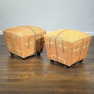(2pc) PAIR KILIM OTTOMANS | Kilim upholstered footstools, with cushioned tops and brass tacks, made in India - l. 18 x w. 18 x h. 17 in.
Â 