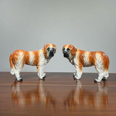 (2pc) PAIR PORCLEAIN STAFFORDSHIRE DOGS | Pair of large 19th century English porcelain Staffordshire / St. Bernard Dog sculptures with...
