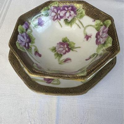 Antique Nippon Octagonal Bowl & Saucer With Violet PatternÂ 
