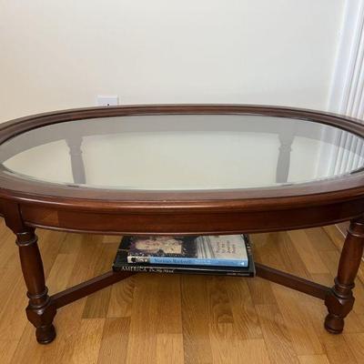 Oval Mahogany Framed Coffee Table With Inlaid Beveled Glass TopÂ 
 