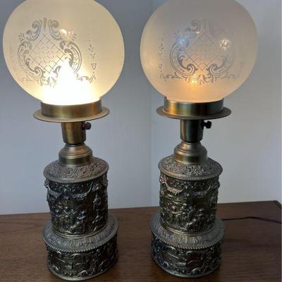 Pair Of Antique Brass Repousse Lamps With Frosted Glass Globe ShadesÂ 

