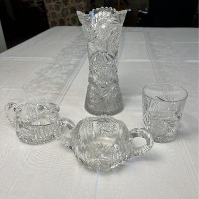 Antique American Brilliant Cut Glass Vase, Cup, Sugar Bowl & CreamerÂ 
 