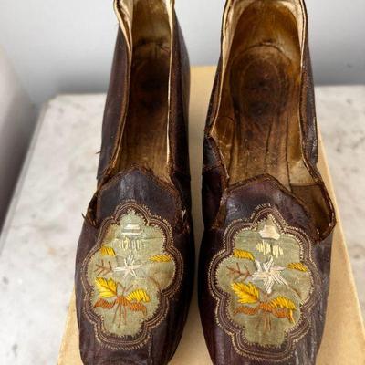 Antique Victorian Era Leather Shoes With Hand-embroidered Toe PanelsÂ 
