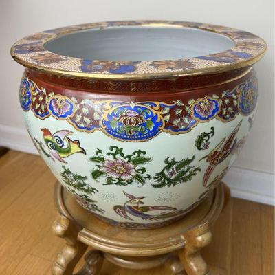 Vintage Chinese Fish Bowl On A Wooden StandÂ 
