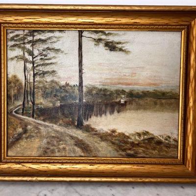 Antique Original Oil Painting Lake With Pines LandscapeÂ 
