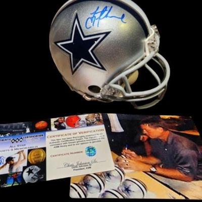 Troy Aikman Autographed | Hand Signed Dallas Cowboys Mini Helmet
Dallas Cowboys Black Framed Wall Mounted Mini Helmet Logo | Display Case
