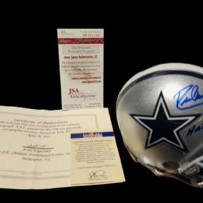 Drew Pearson Signed Mini Helmet | Hail Mary Inscription | Dallas Cowboys Black Framed Wall Mounted Mini Helmet Logo | Display Case