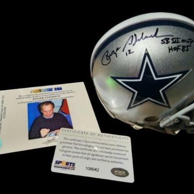 Roger Staubach Signed Mini Helmet  SB XVI MVP & HOF 85
Dallas Cowboys | Black Framed Wall Mounted Mini Helmet Logo | Display Case
