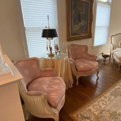 French Provincial Sitting Chairs, French Bouillotte Brass Lamp Candle Holder 
