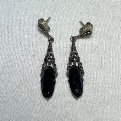 Vtg Art Deco Sterling and Onyx Dangle earrings 