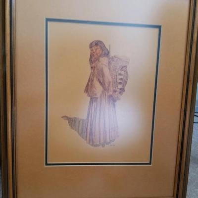 Native American  art, Apache woman with baby - signed â€œCarley