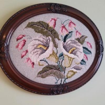 Needlepoint picture of calla lillies