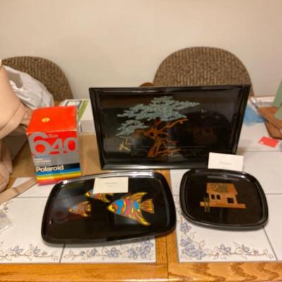 Vintage, Mid Century Modern Couroc Monterey CA  inlaid designs Trays.