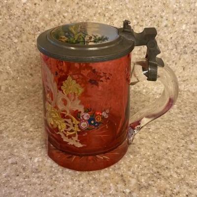 Antique Bohemian hand painted ruby glass stein pitcher
