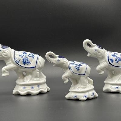 (3) Blue & White Ceramic Elephants