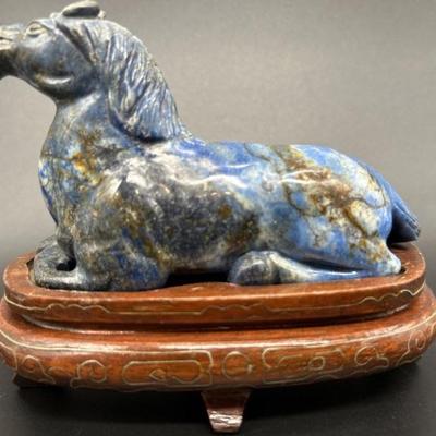 Carved Blue Lapis Stone Horse on Custom Wood Stand