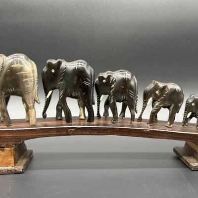 Hand Carved Bone: 5- Walking Elephants on Bridge