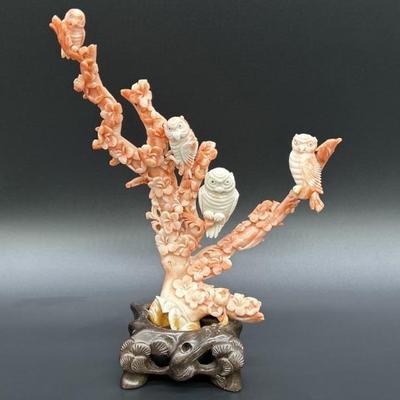 Coral Sculpture w/ Four Carved Owls Applied