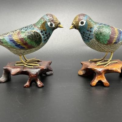 (2) Cloisonné Birds on Custom Wood Stands